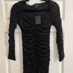 Michael Costello x Revolve Elegant Black Ruched Long Sleeve Dress